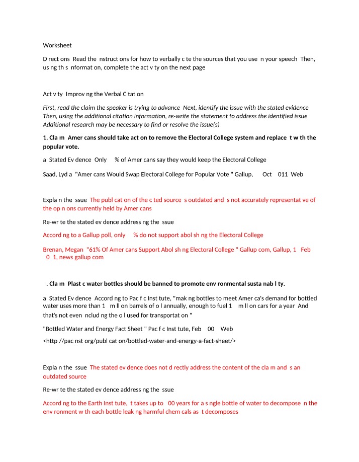 Worksheet on Verbal Citations