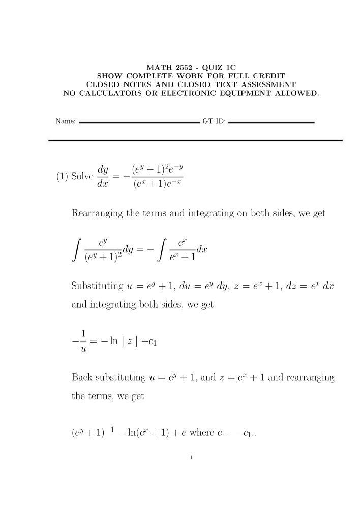 Differential Equations and Integrating Factors - Quiz 1C