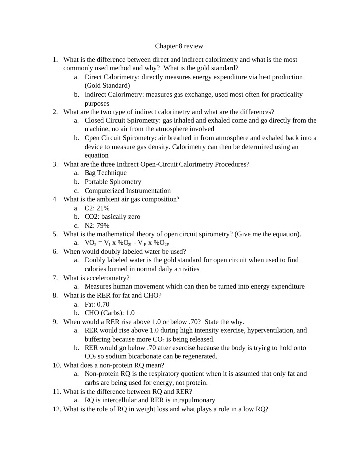 Chapter 8 Review - Direct and Indirect Calorimetry Methods