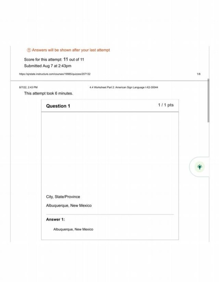 American Sign Language I Worksheet Part 2