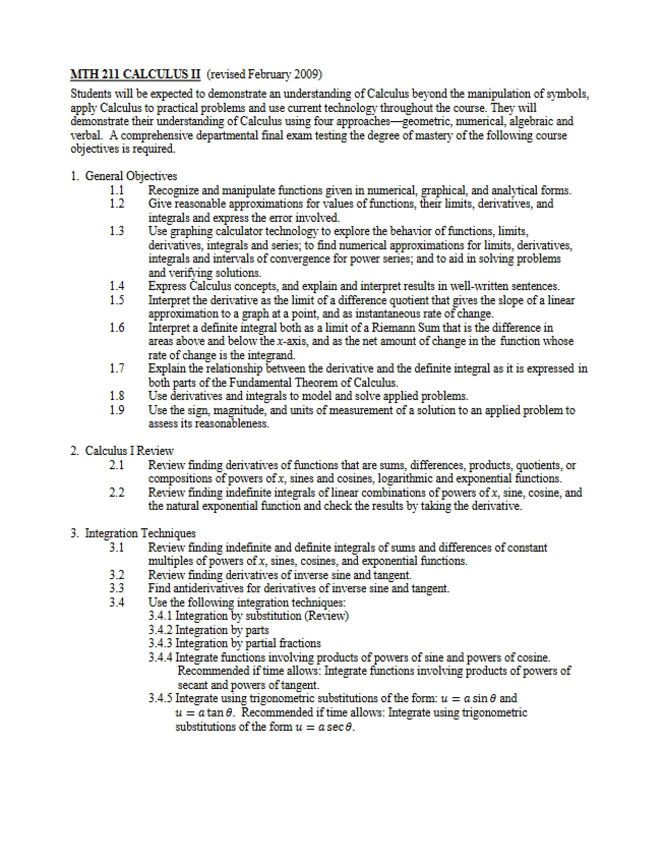 Objectives for MTH 211