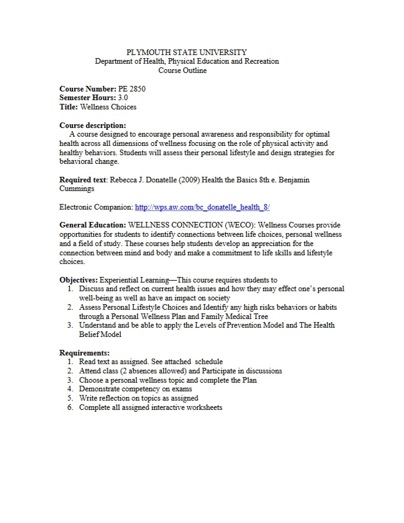 Syllabus for Wellness Choices for a Healthy, Active Lifestyle