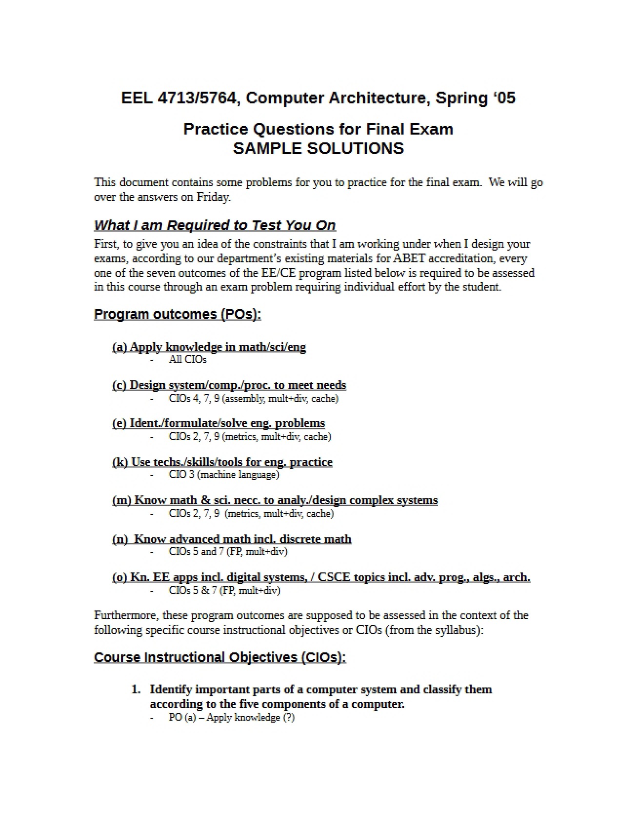 Final Exam Practice Questions with Sample Solutions