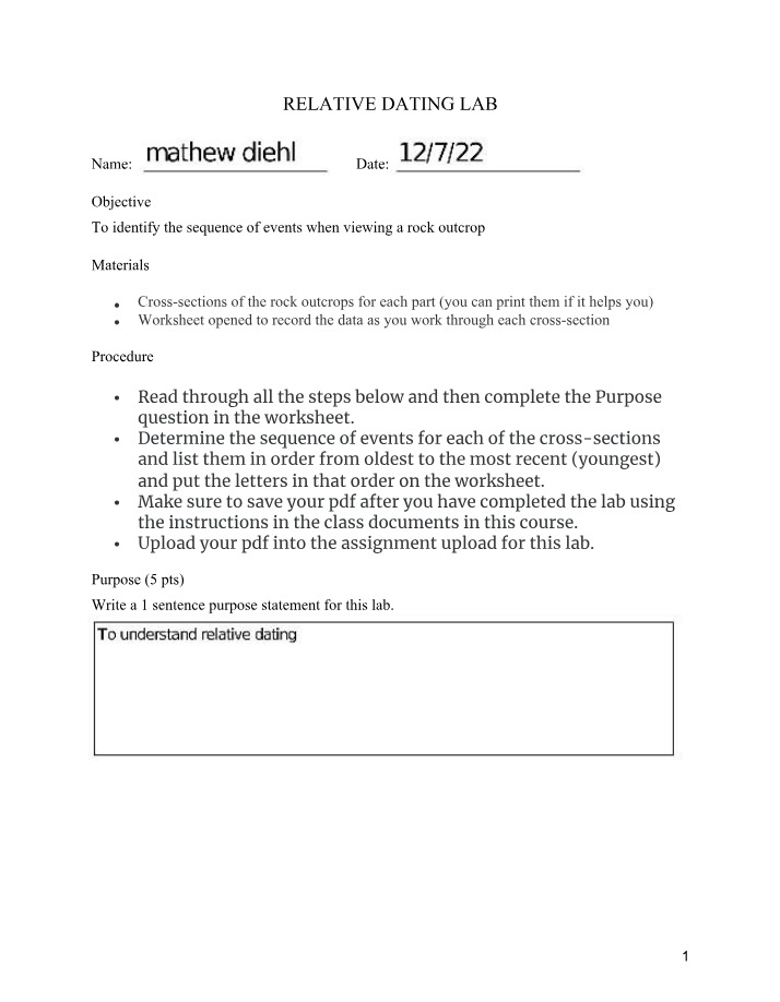 Worksheet for Relative Dating Lab