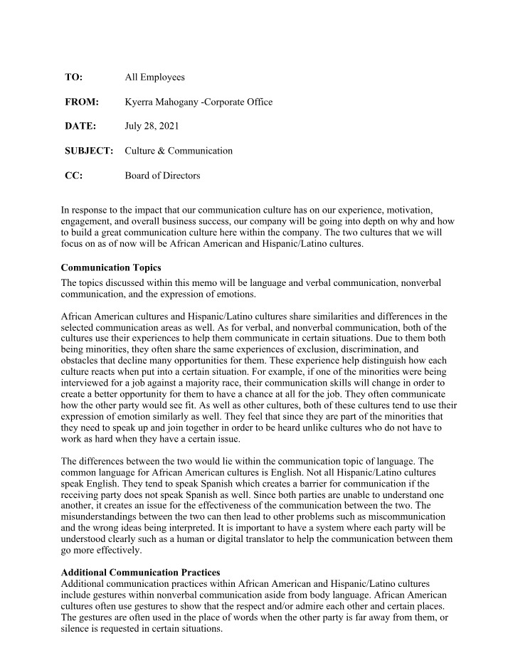Memo - Building a Great Communication Culture in African American and Hispanic-Latino Cultures