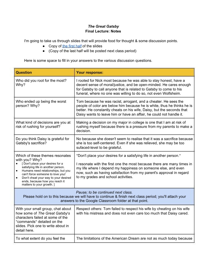 The Great Gatsby - Discussion Questions and Lecture Notes