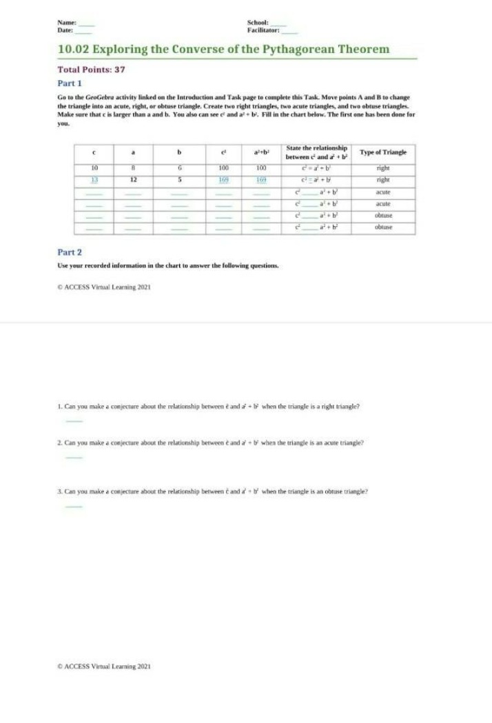Worksheet on the Converse of the Pythagorean Theorem