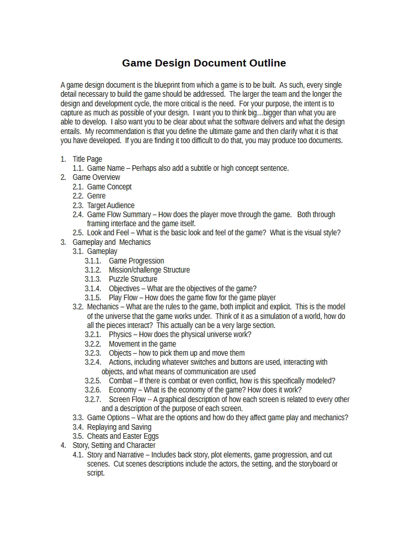 Outline for Game Design Documents