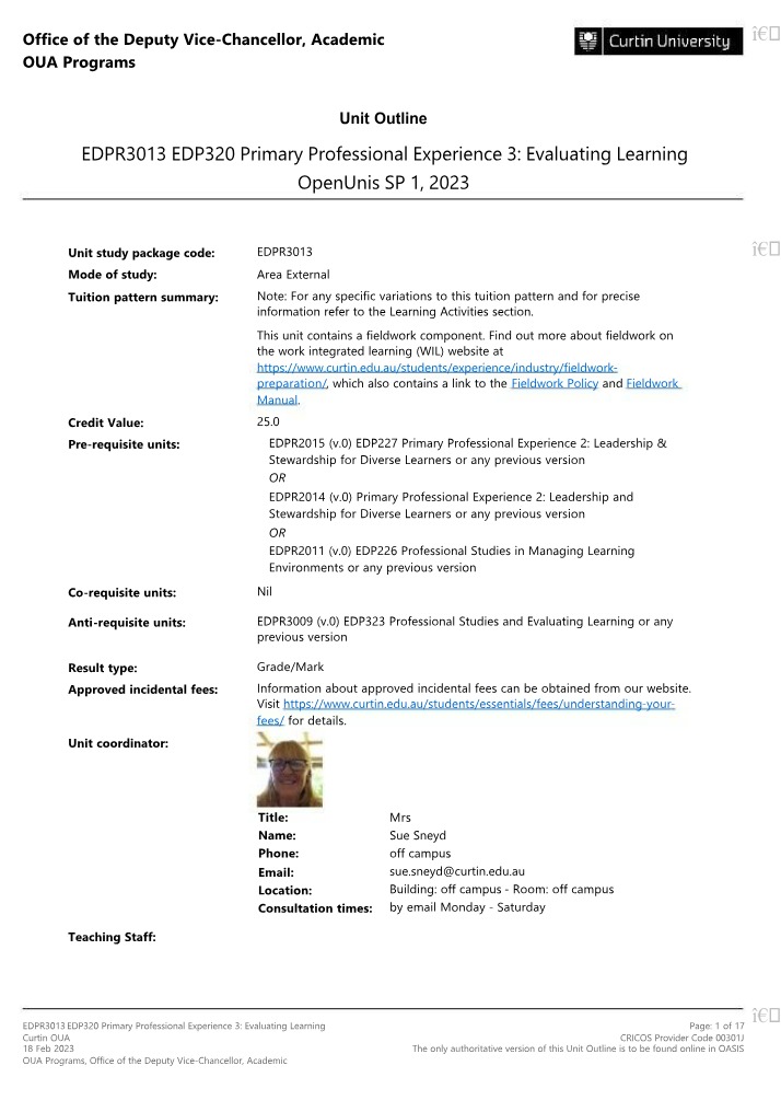 Primary Professional Experience 3 Outline