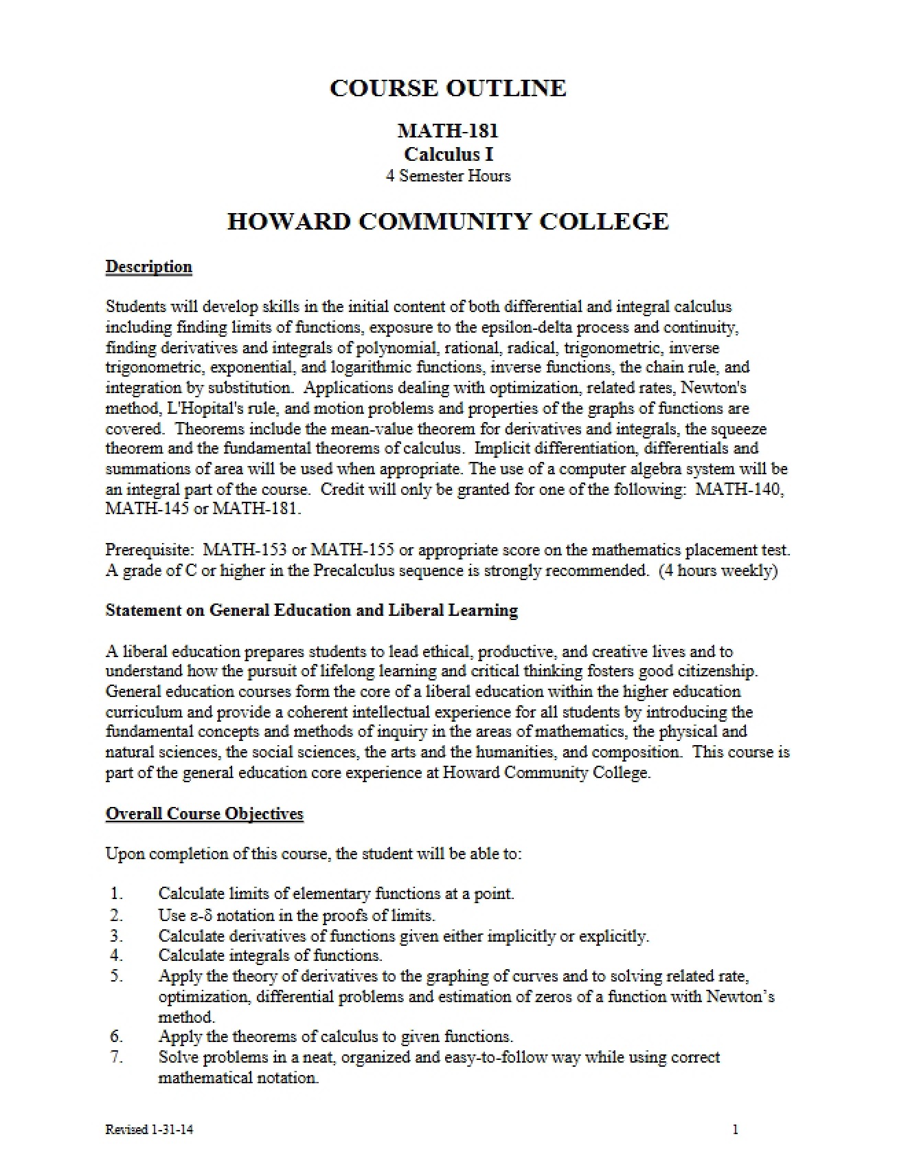 MATH 181 Course Structure