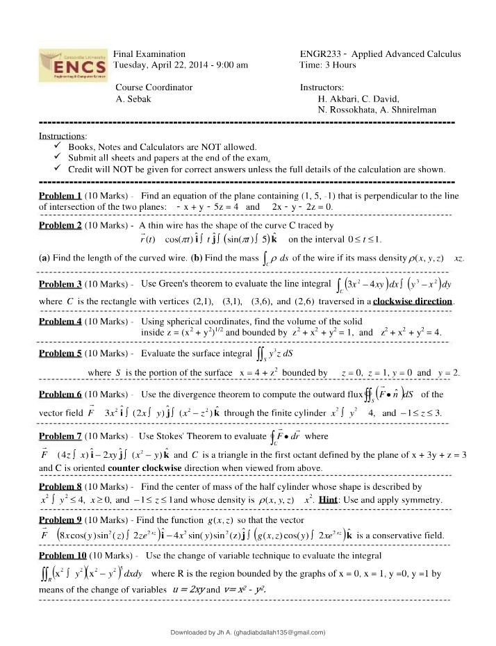 April 2014 Final Exam Questions