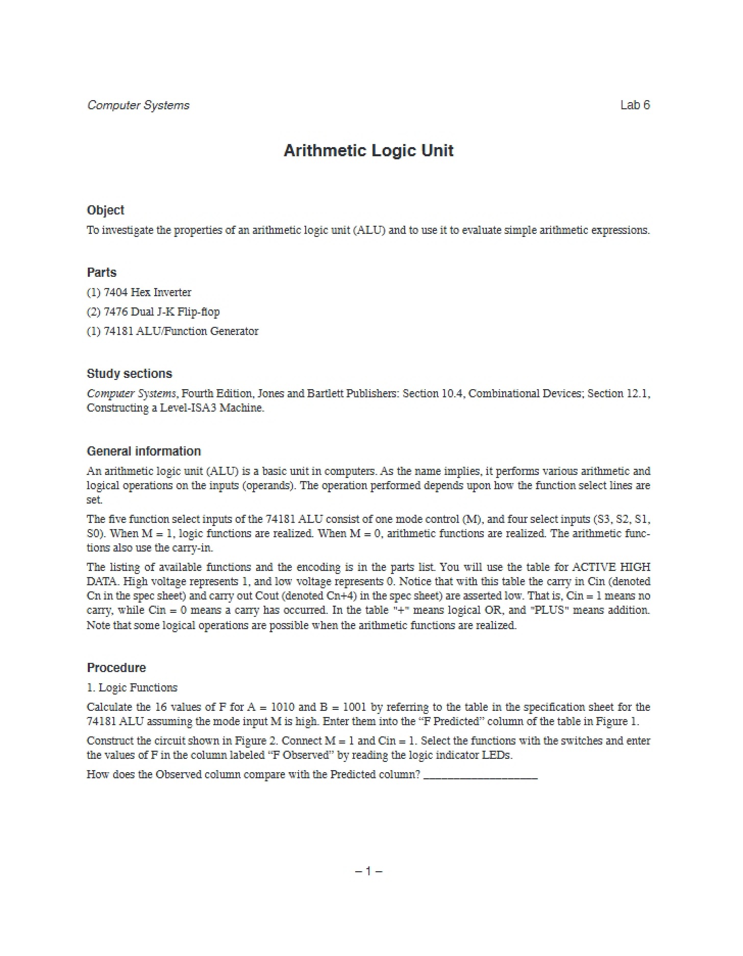 Arithmetic Logic Unit (Lab 6)