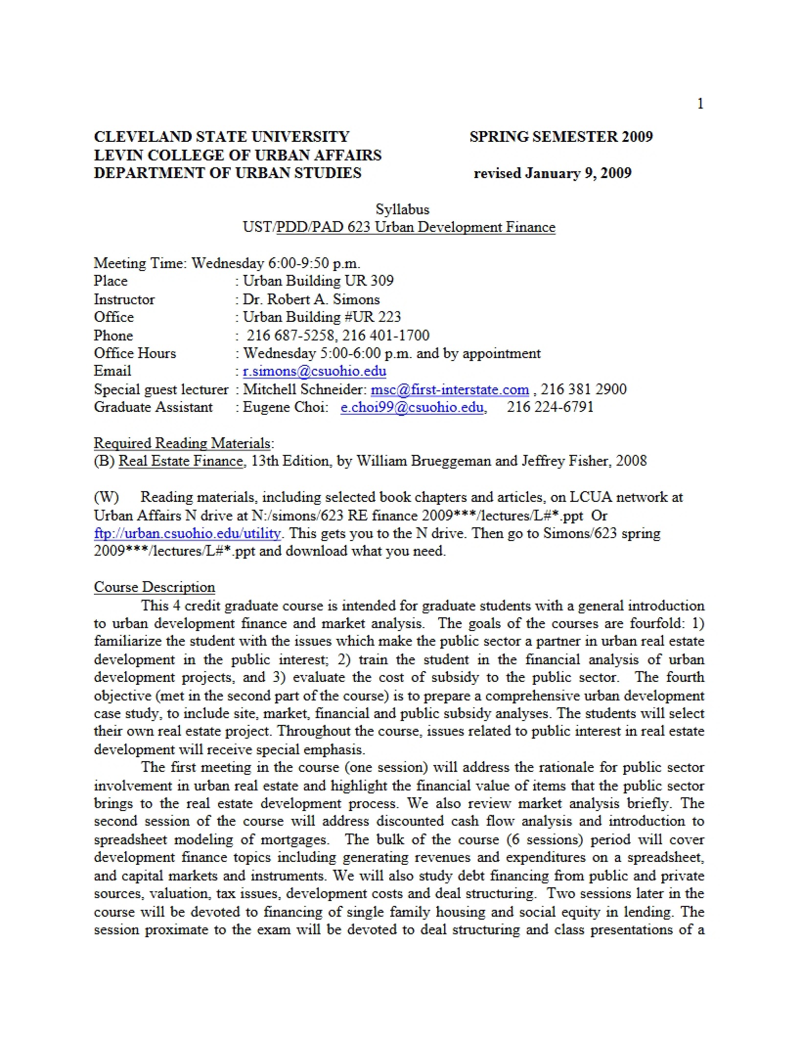 Urban Development Finance Course Outline