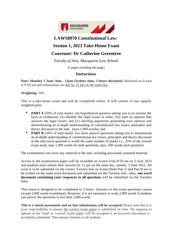 Instructions for Constitutional Law Take-Home Exam