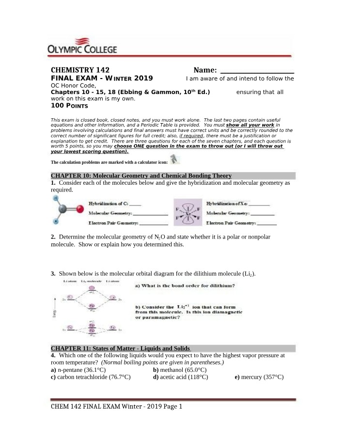 Winter 2019 Final Exam for CHEM 142