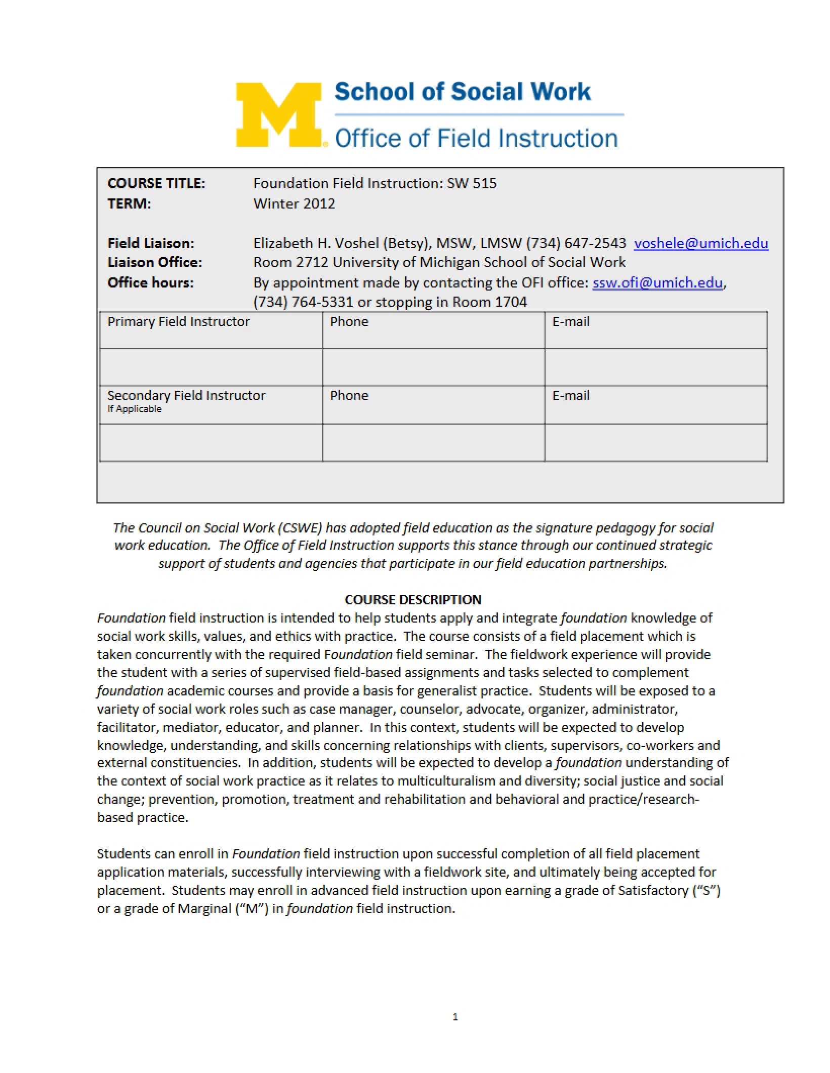 Field Instruction Syllabus