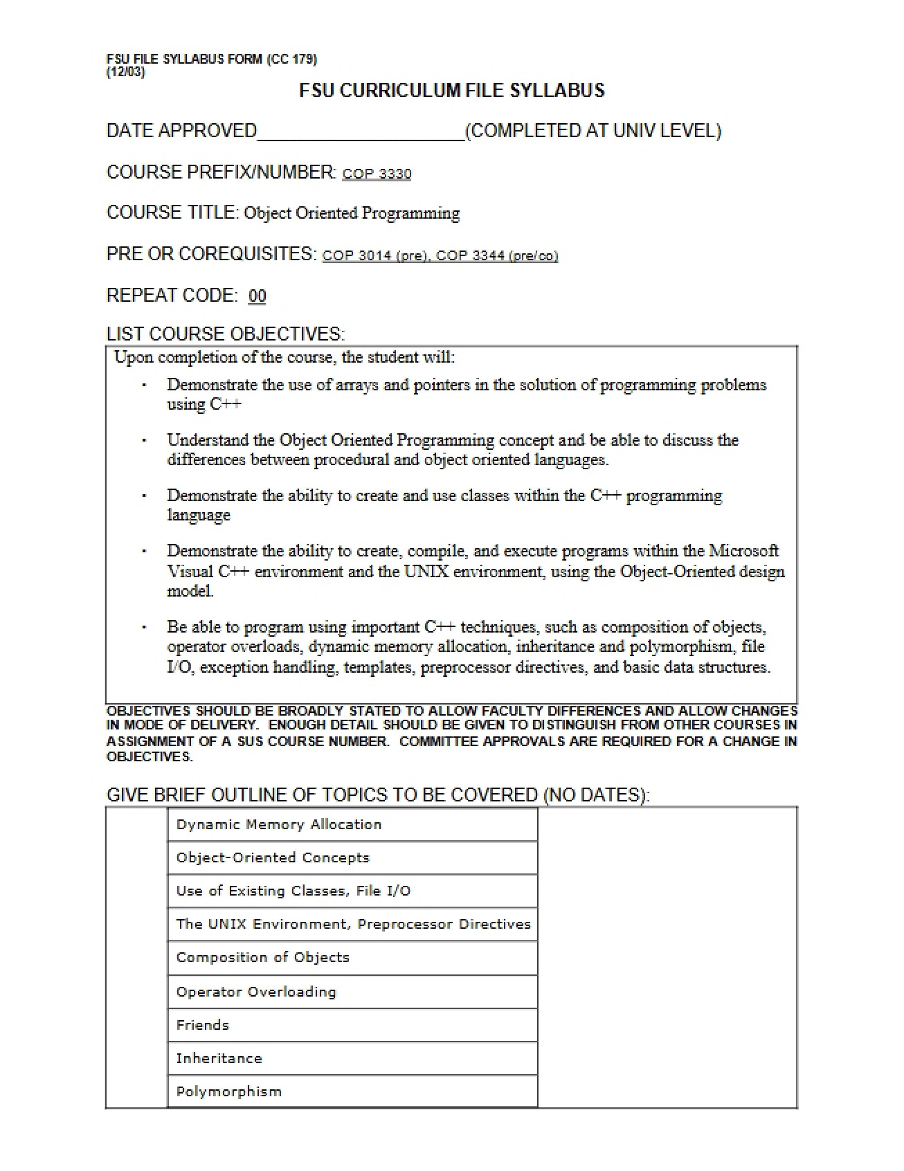 Syllabus for the Object Oriented Programming Course