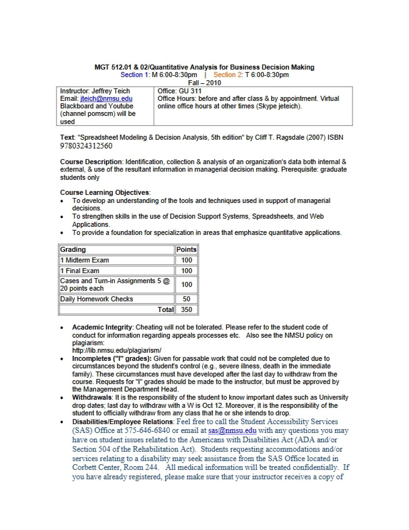 Quantitative Analysis for Business Decision Making Course Syllabus