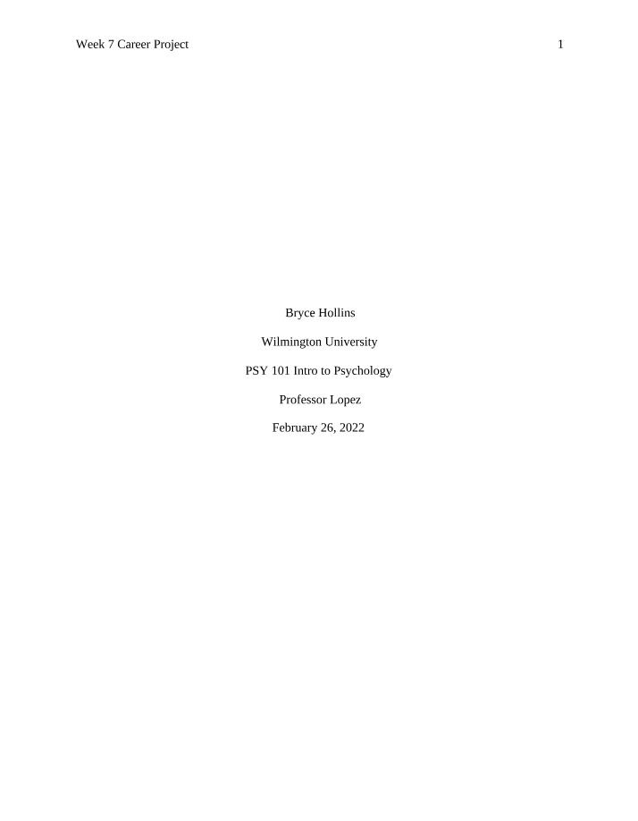Week 7 Career Project - Intro to Psychology