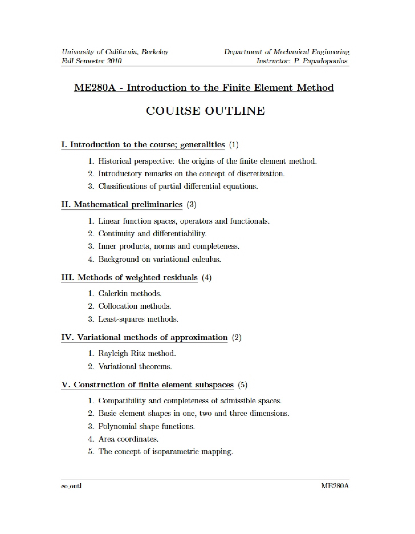 Course Outline ME 280A