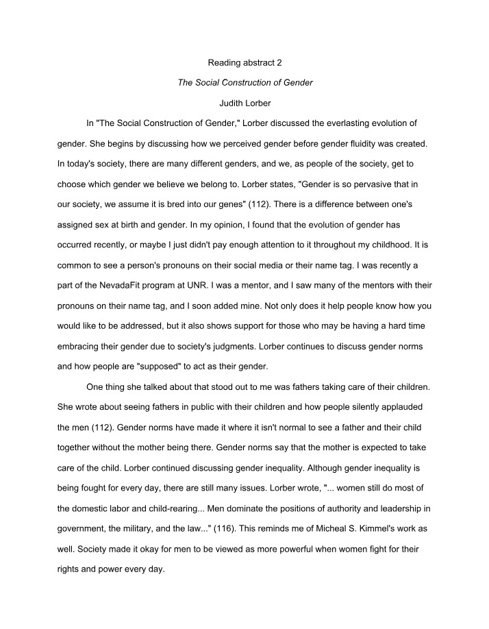 Reading Abstract 2 - Social Construction of Gender