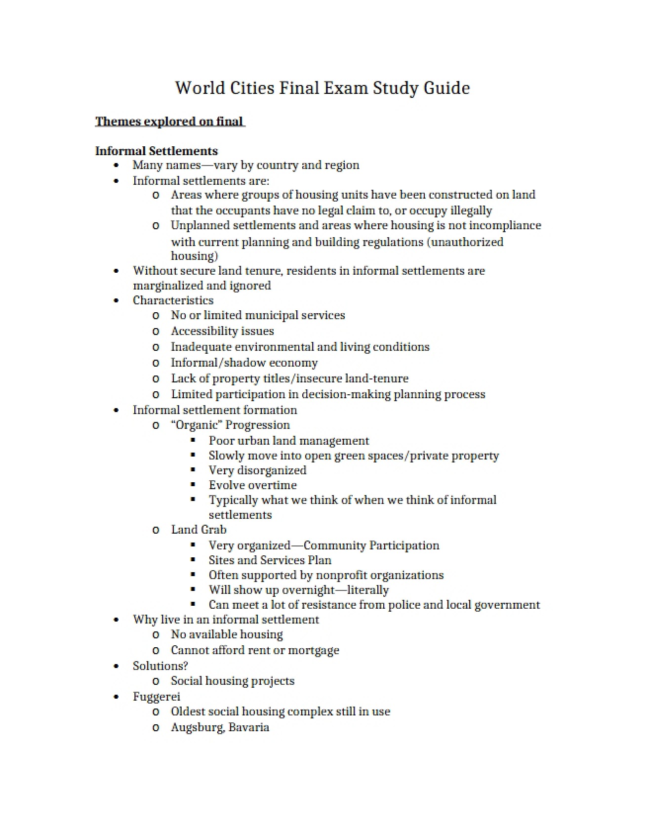 Final Exam Guide for World Cities