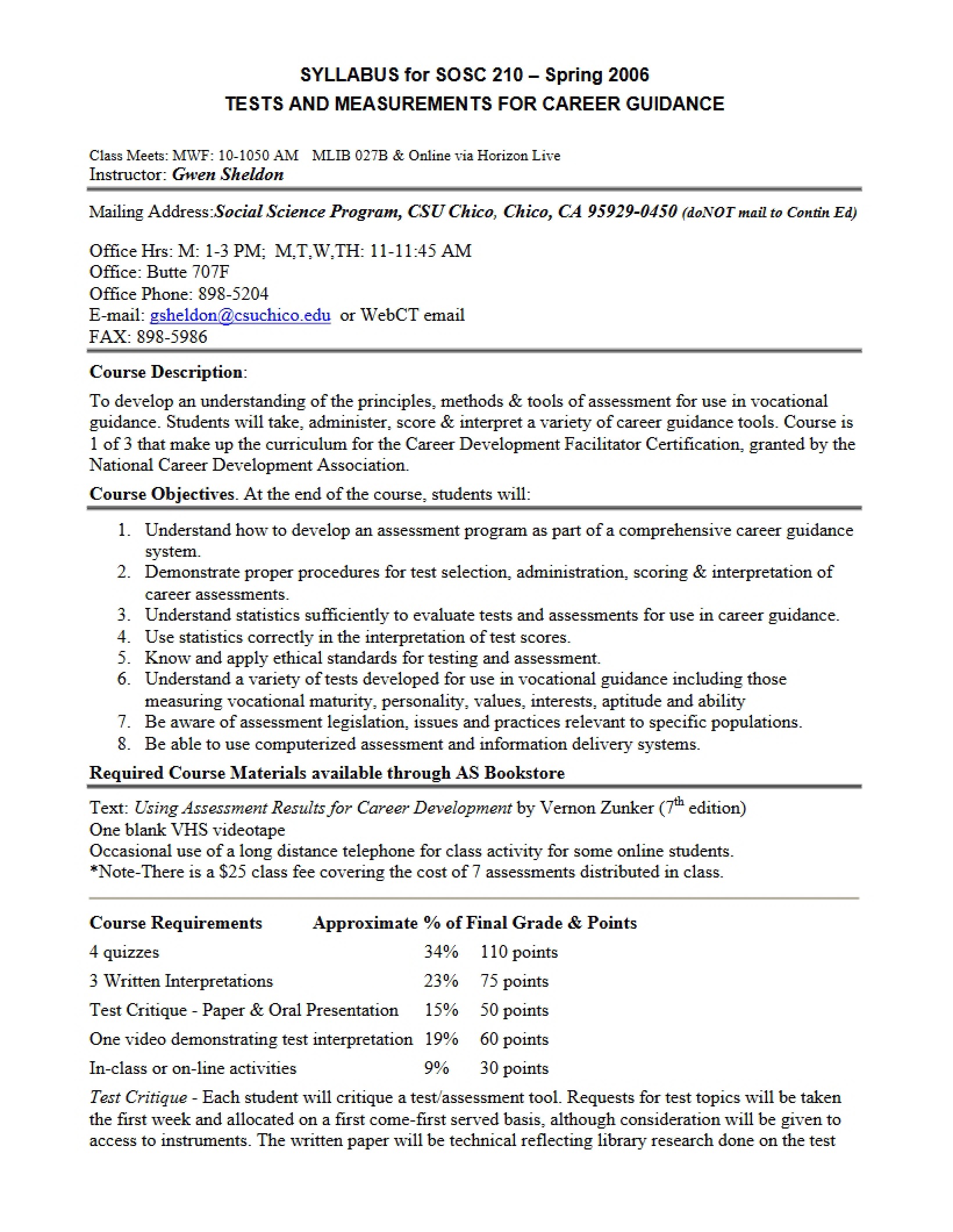 Career Guidance Tests and Measurements Syllabus