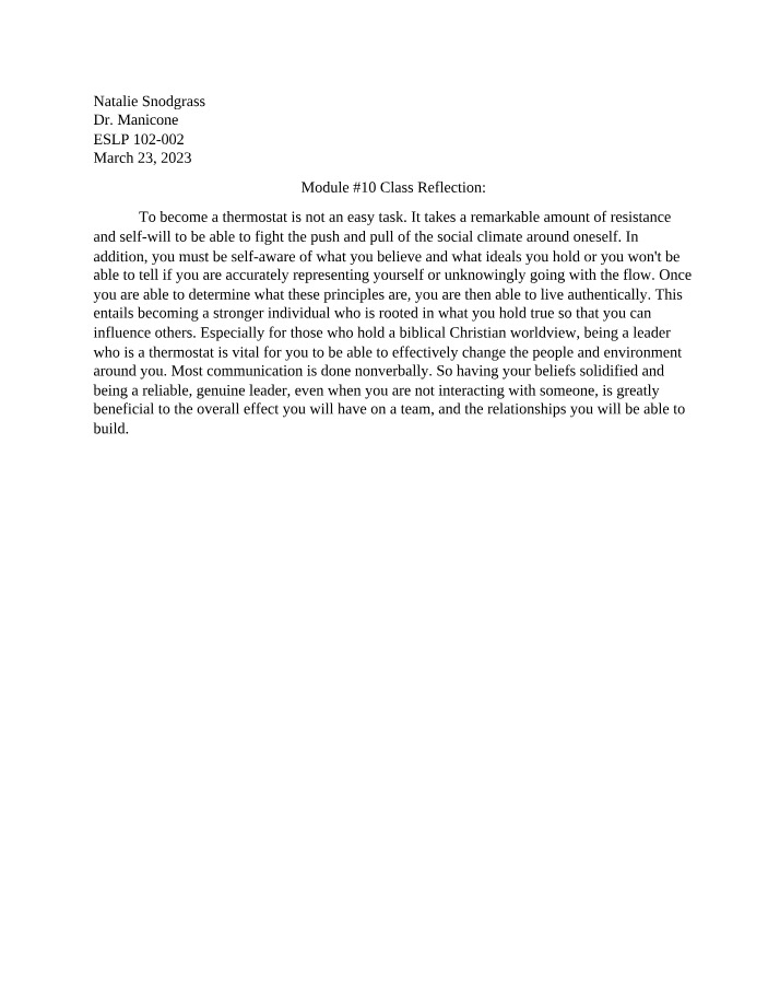 ESLP 102 Module 10 Class Reflection