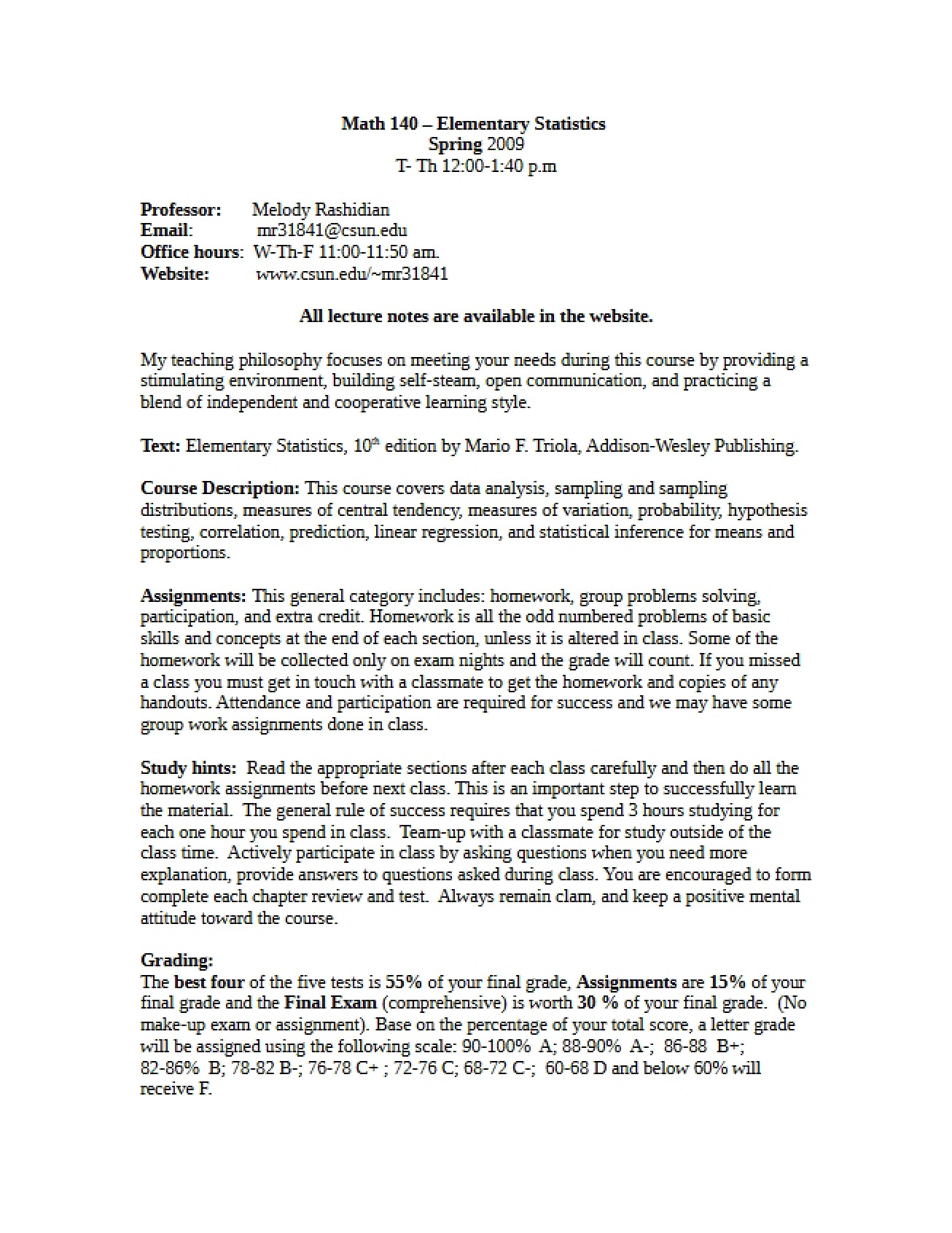 Intro Statistics Syllabus A