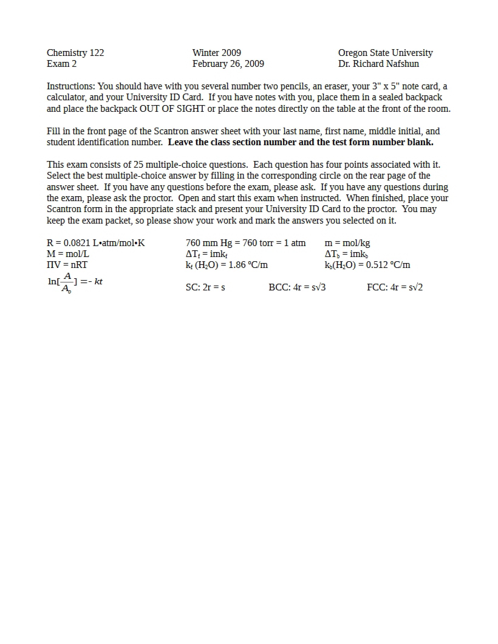 Exam 2 for CH 122
