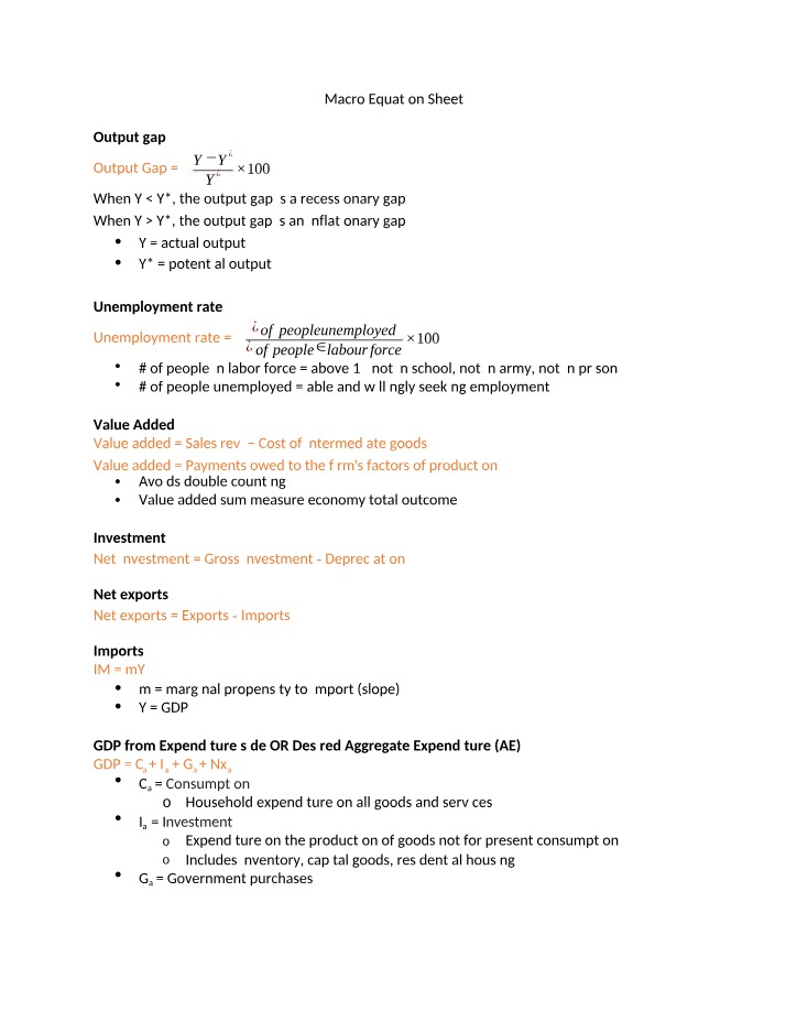 Equation Sheet for Macroeconomics