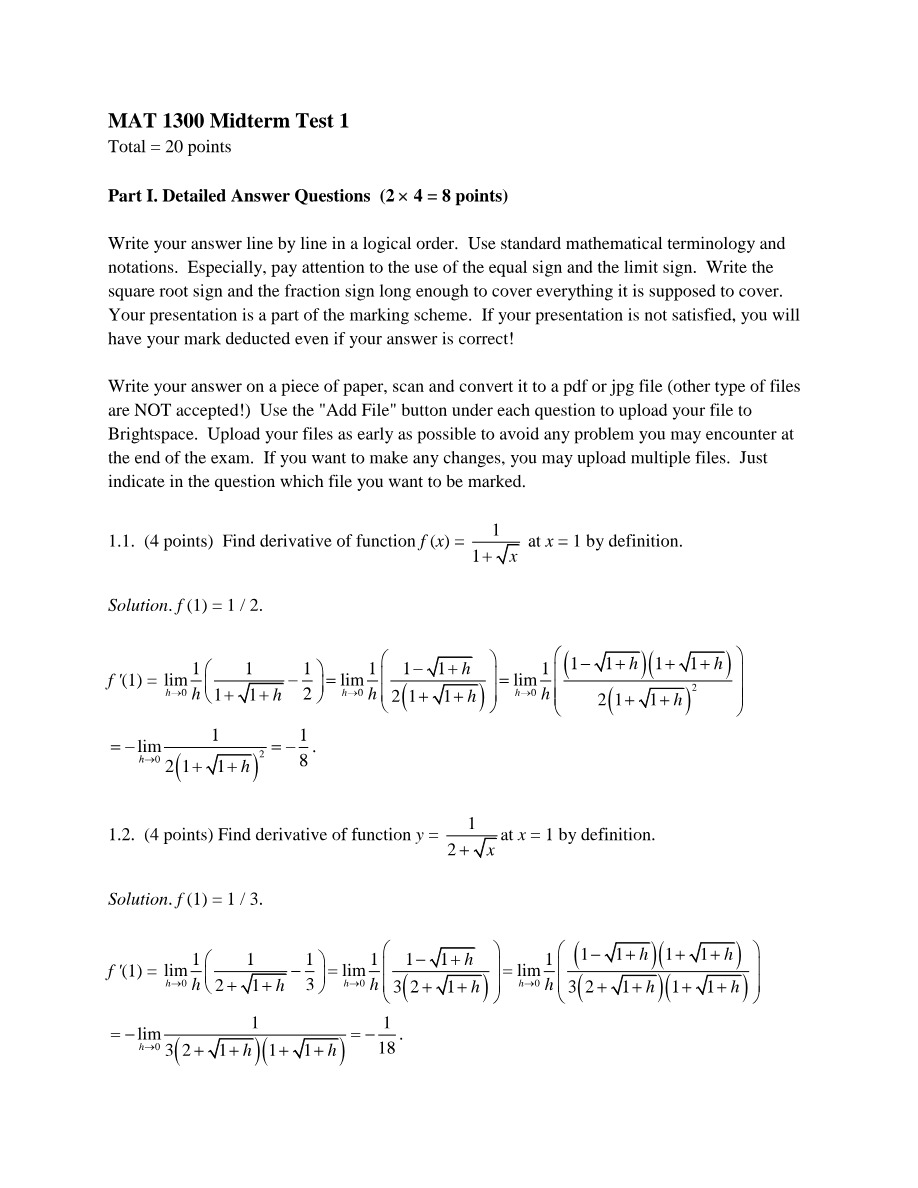 Solution to Midterm Test 1 - MAT 1300