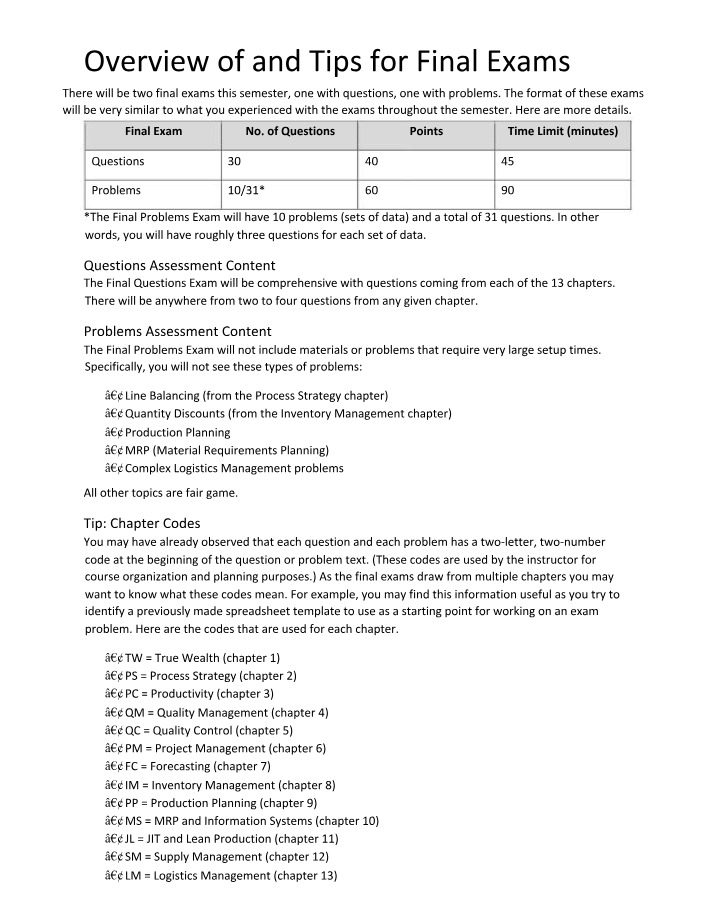 B361 Final Exams Overview