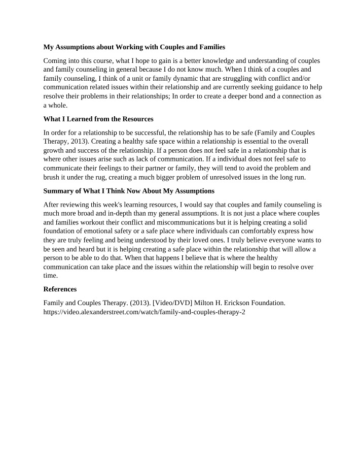 Assumptions for Working with Couples and Families