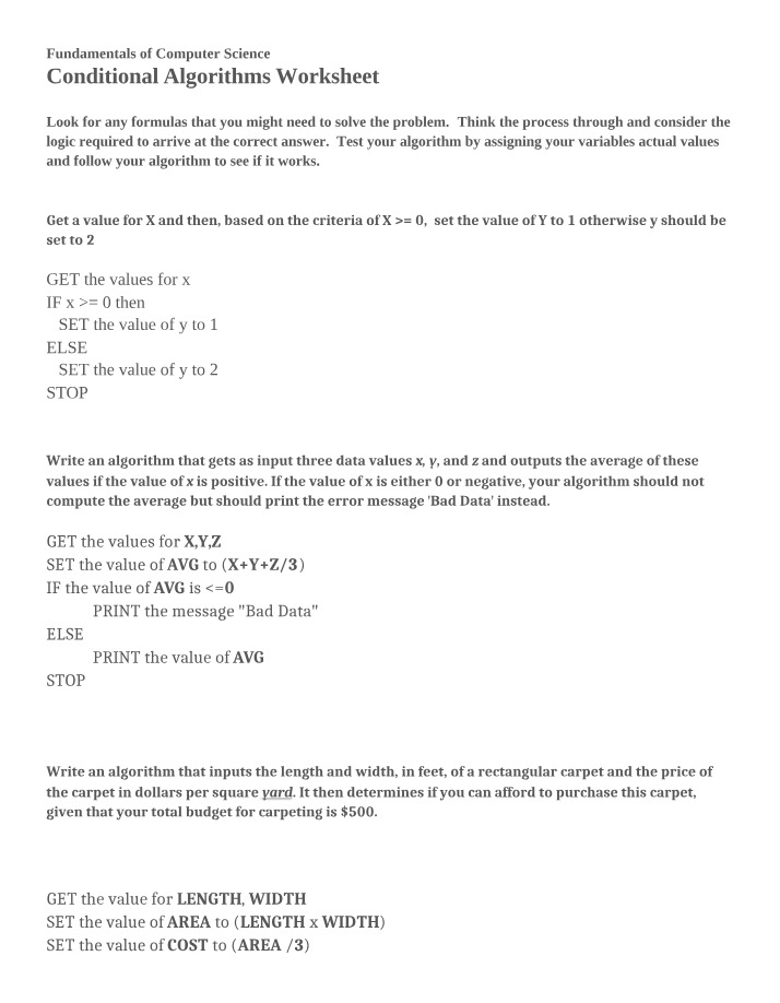 Worksheet on Conditional Algorithms