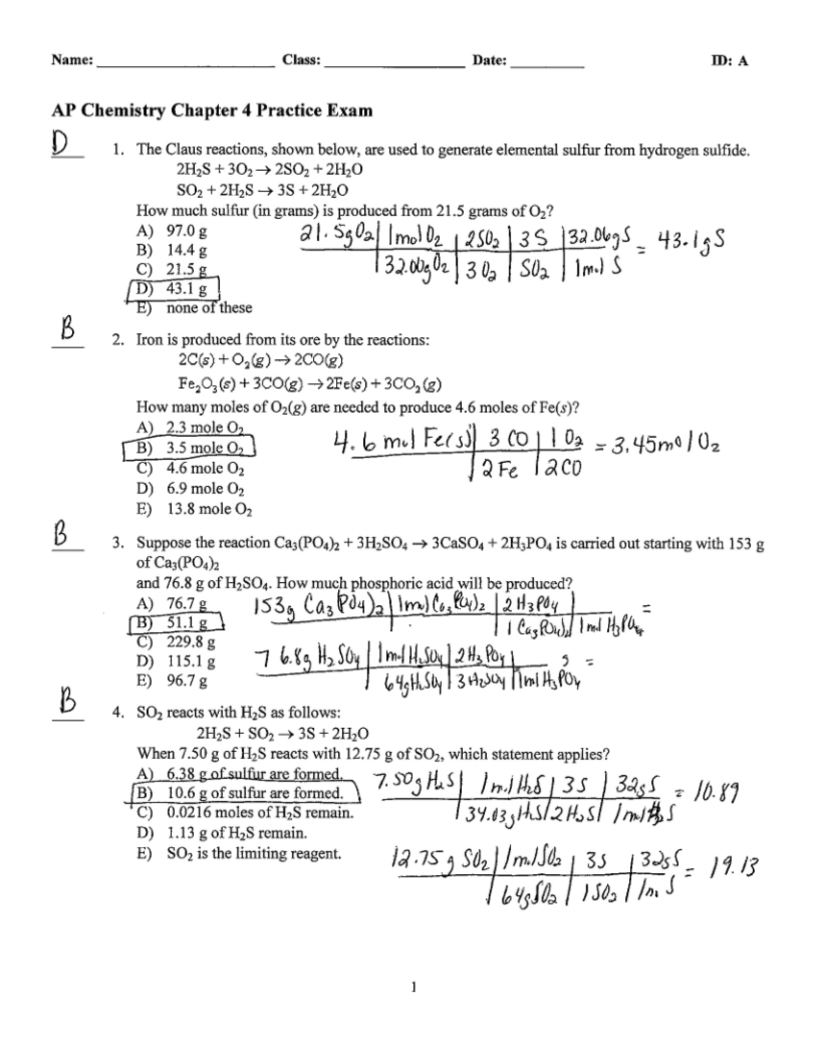Answer Key for Chapter 4 Practice Test