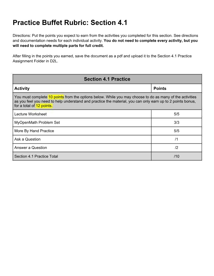 Rubric for Section 4.1 Practice Buffet