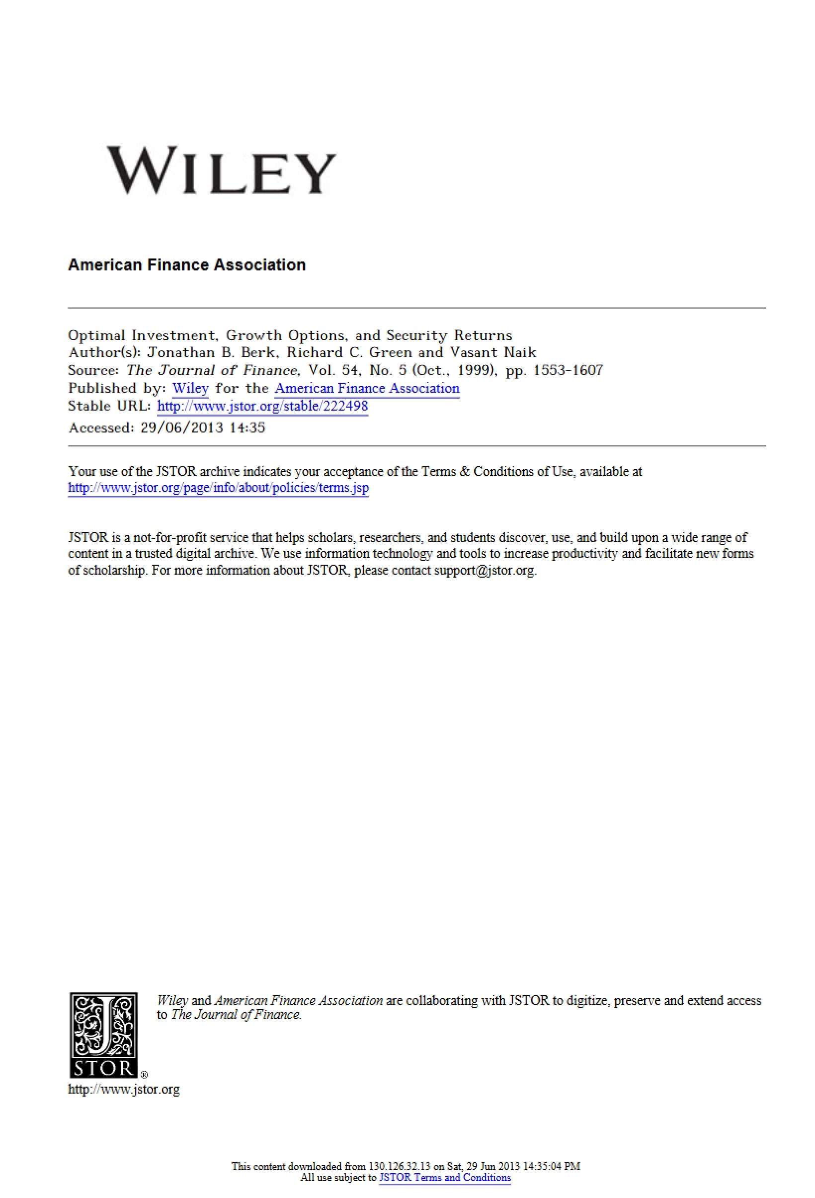 Optimal Investment and Growth Options (Berk et al 1999)