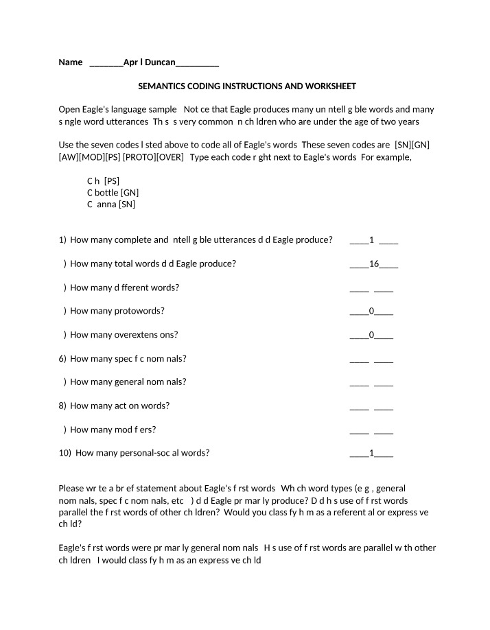 Coding Worksheet for Semantics
