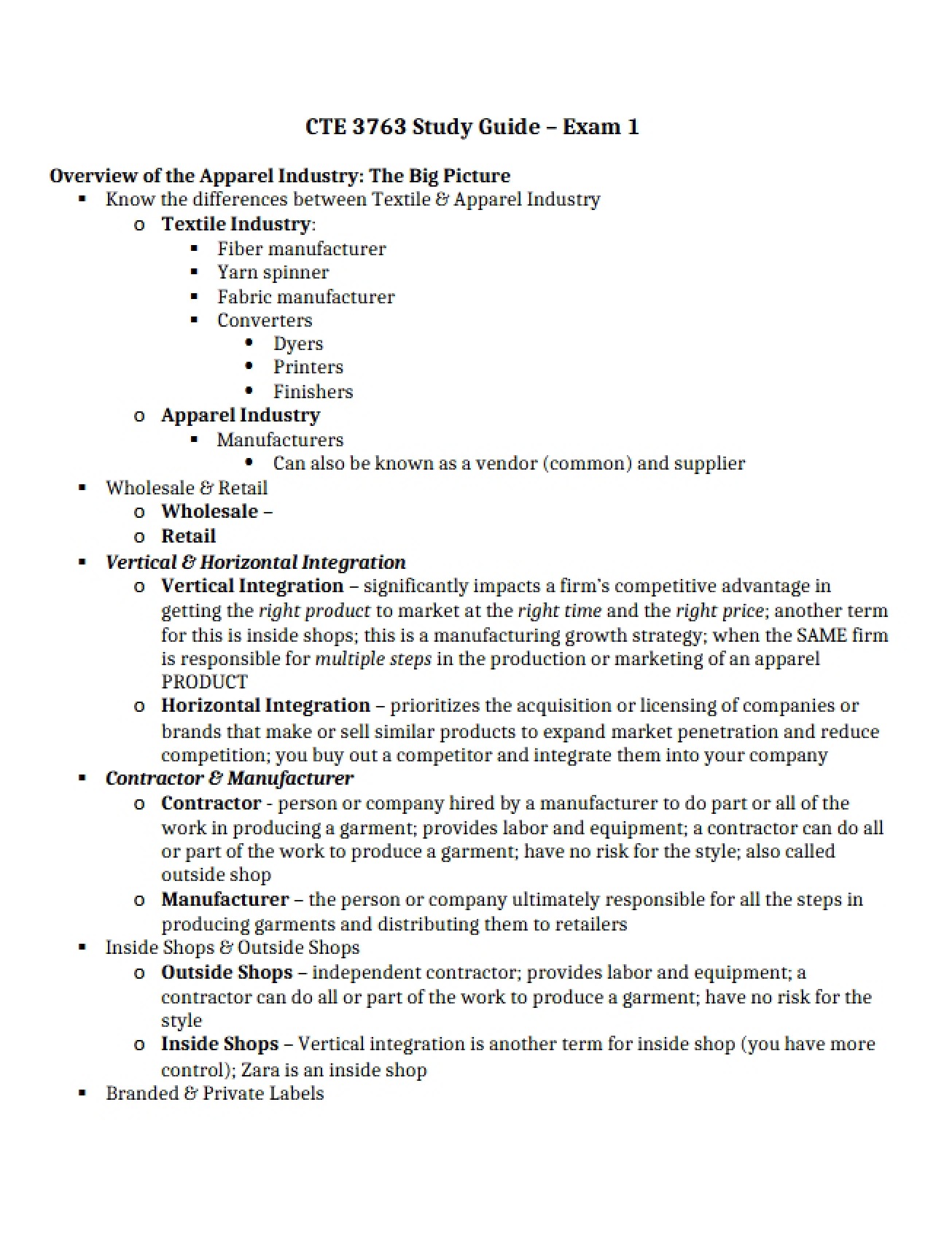Study Guide for the First Apparel Costing Exam