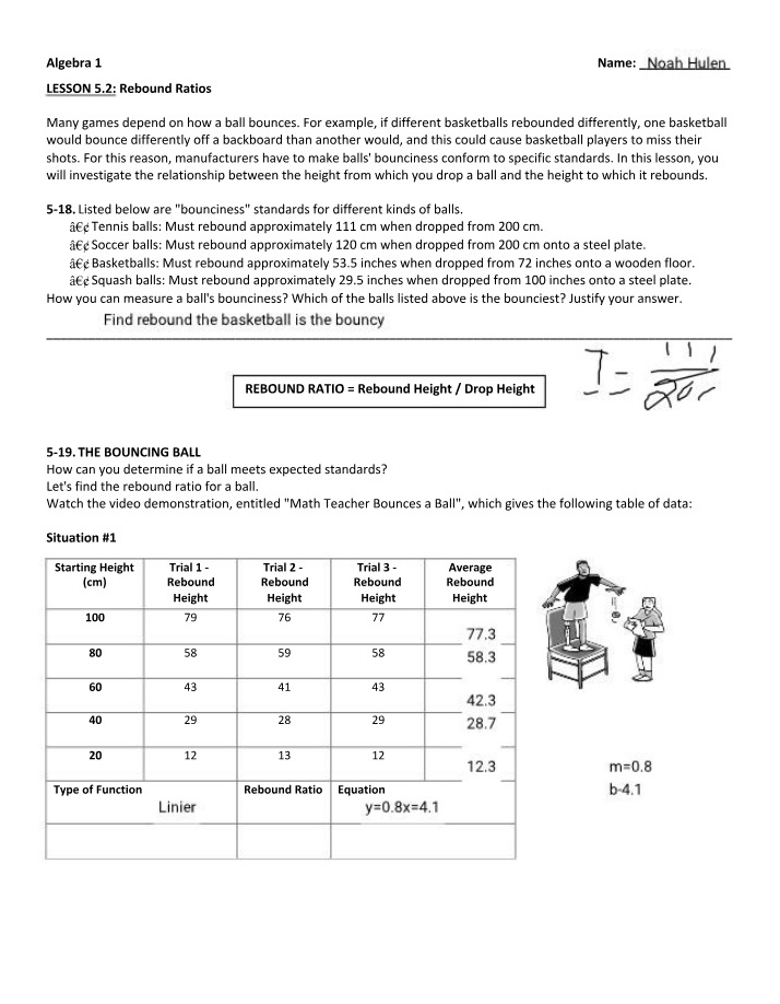 Rebound Ratios in Ball Bouncing - Algebra 1 Study