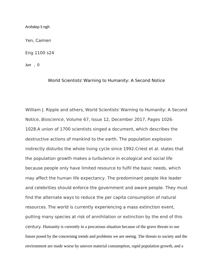 World Scientists' Warning to Humanity (Second Notice)