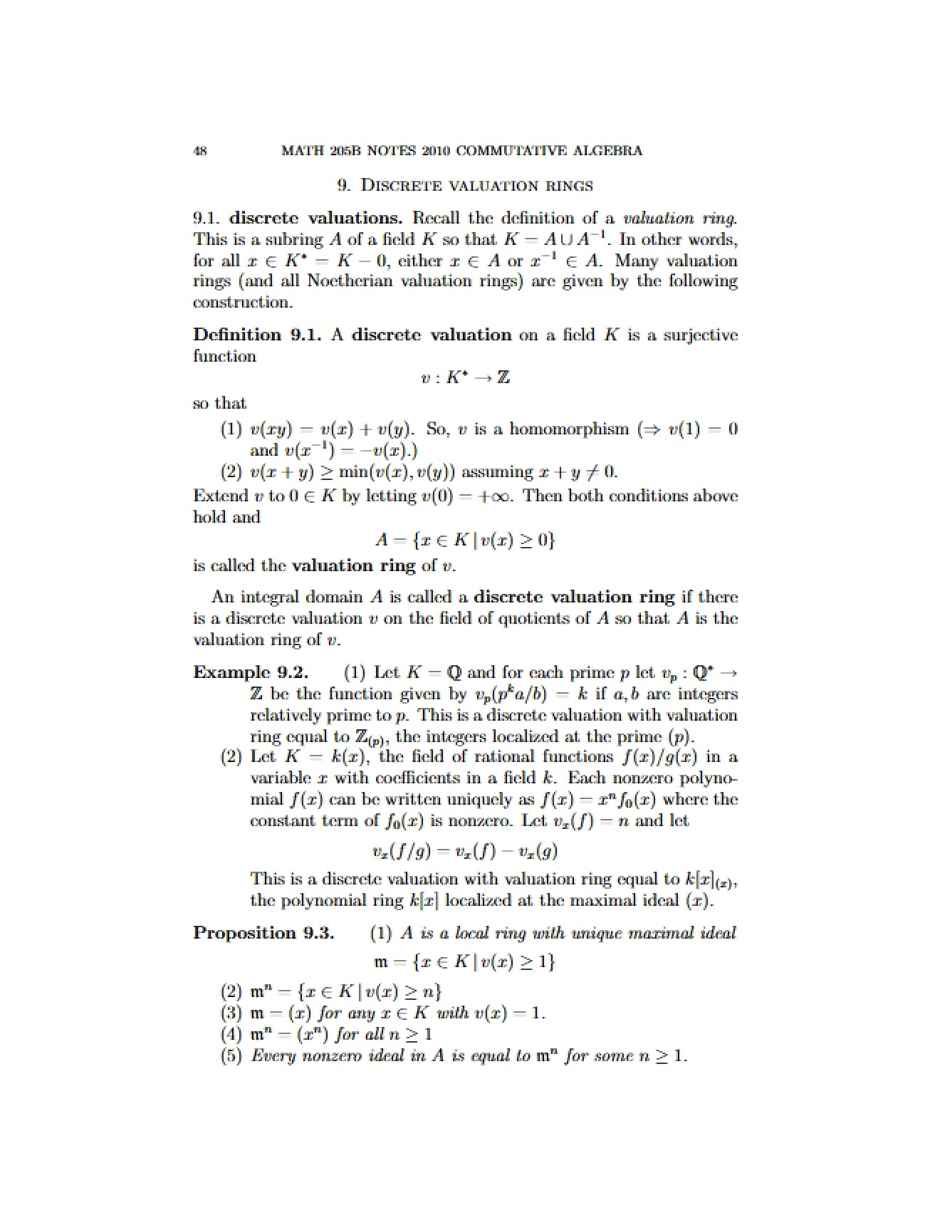 2010 Commutative Algebra Notes - Part 2
