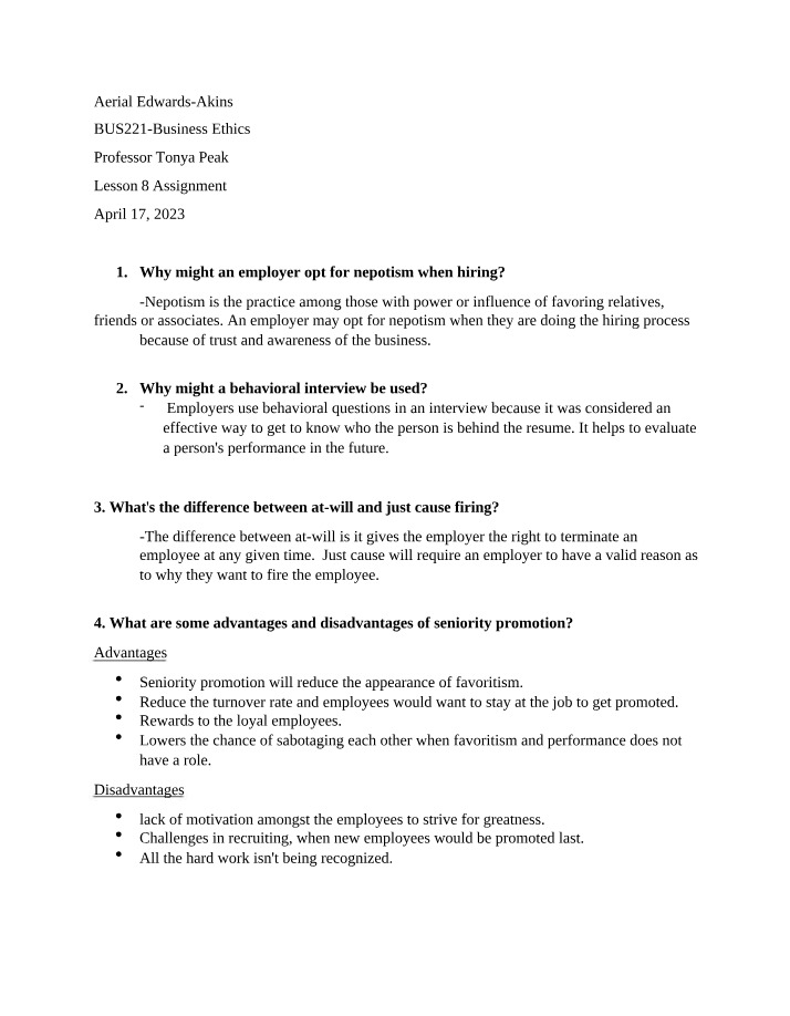 Business Ethics Lesson 8 Assignment