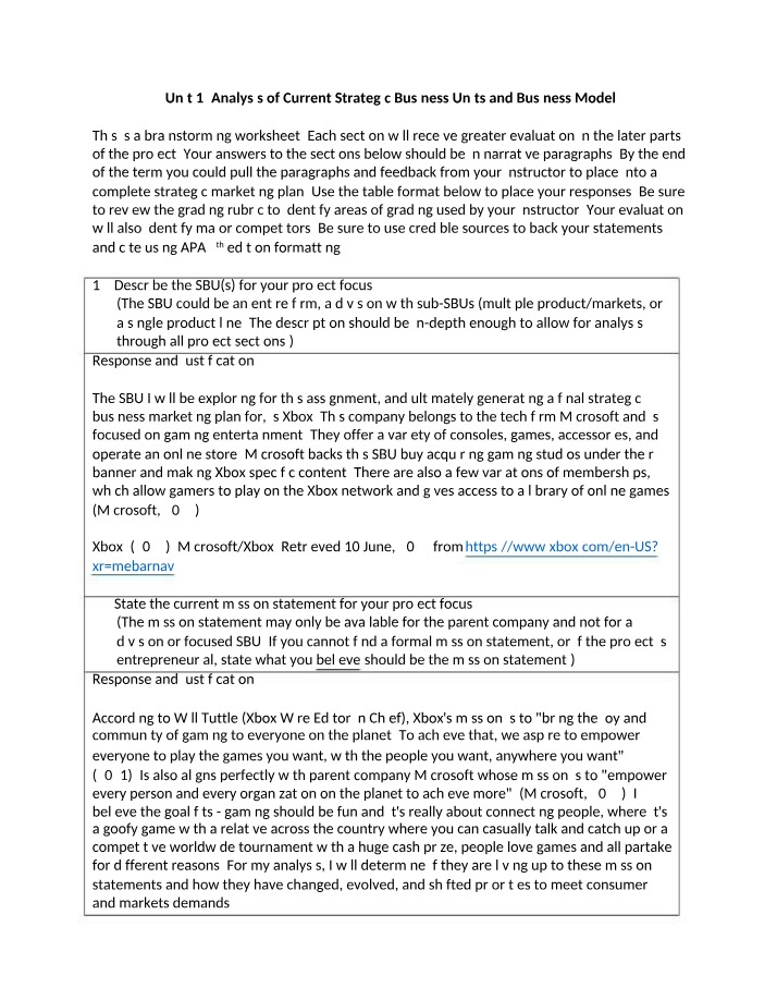 Unit 1 Assignment - Xbox Business Model Form