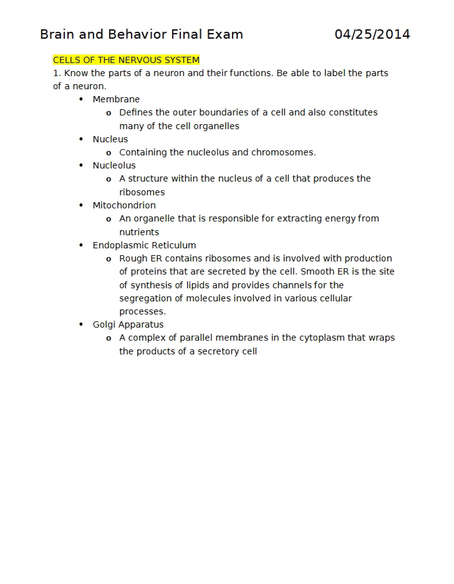 Final Exam Brain and Behavior