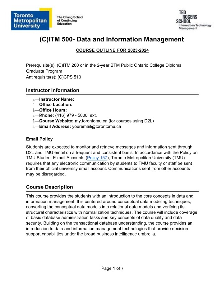 Course Outline - Introduction to Data and Information Management