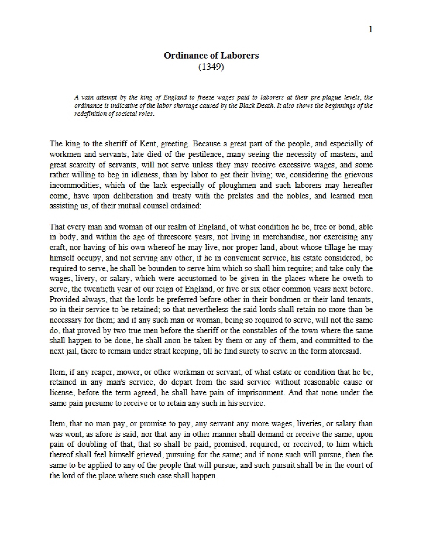 Laborers Ordinance