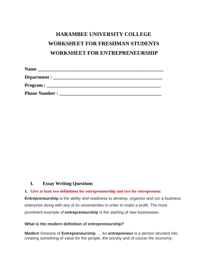 Worksheet for Entrepreneurship