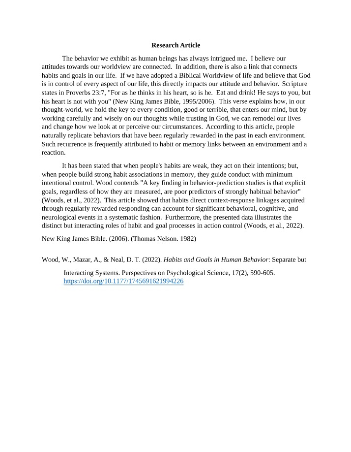Biblical Worldview Influence on Attitude and Behavior